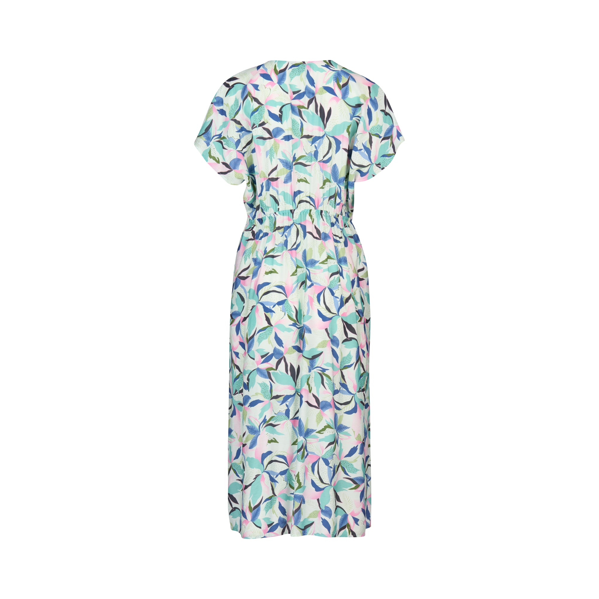 Back view of the Vassalli Drop Shoulder Dress - Soleil: a short-sleeved, midi-length dress with a vibrant blue, green, and purple abstract leaf print, gathered waist, and relaxed fit for effortless style.