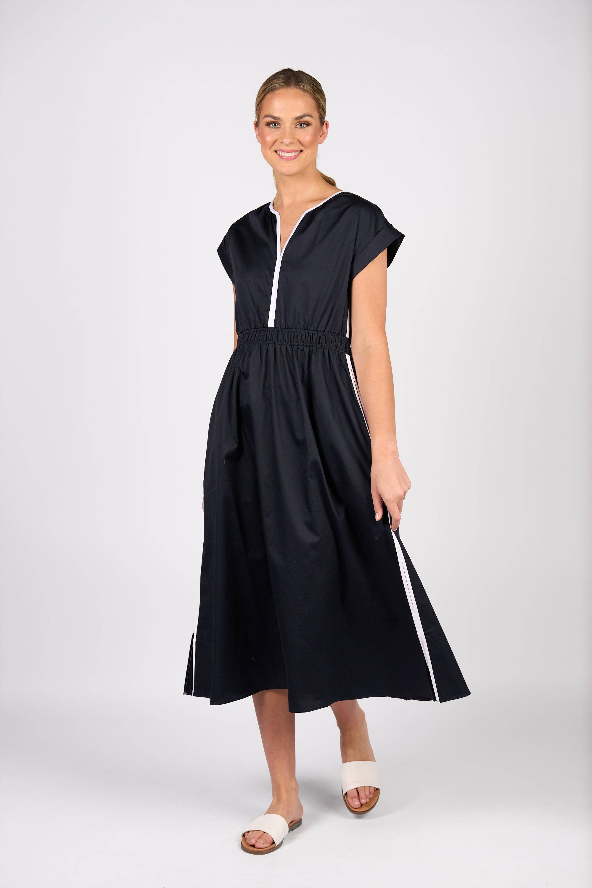 Shirred Waist Dress - Ink/White