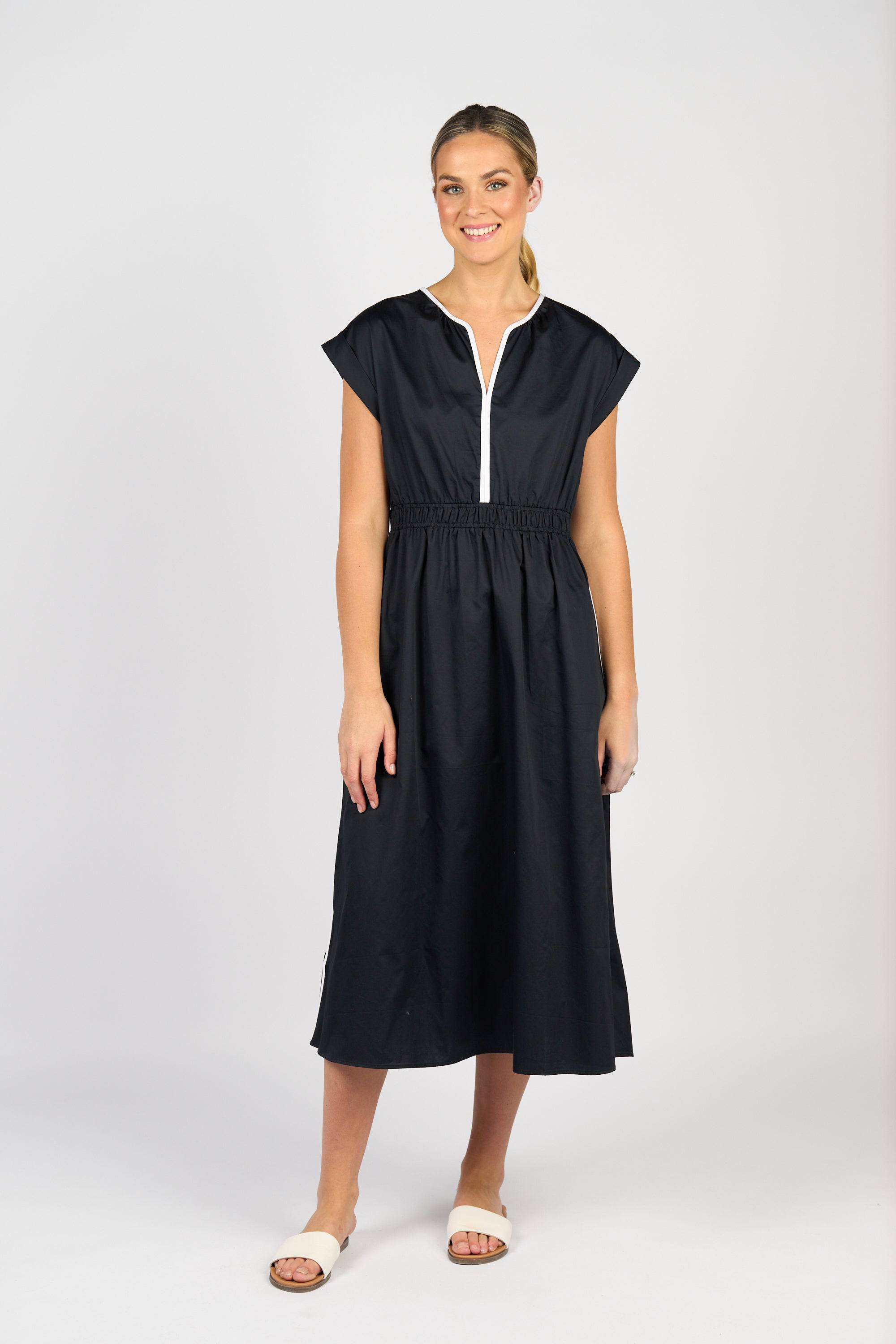 Shirred Waist Dress - Ink/White