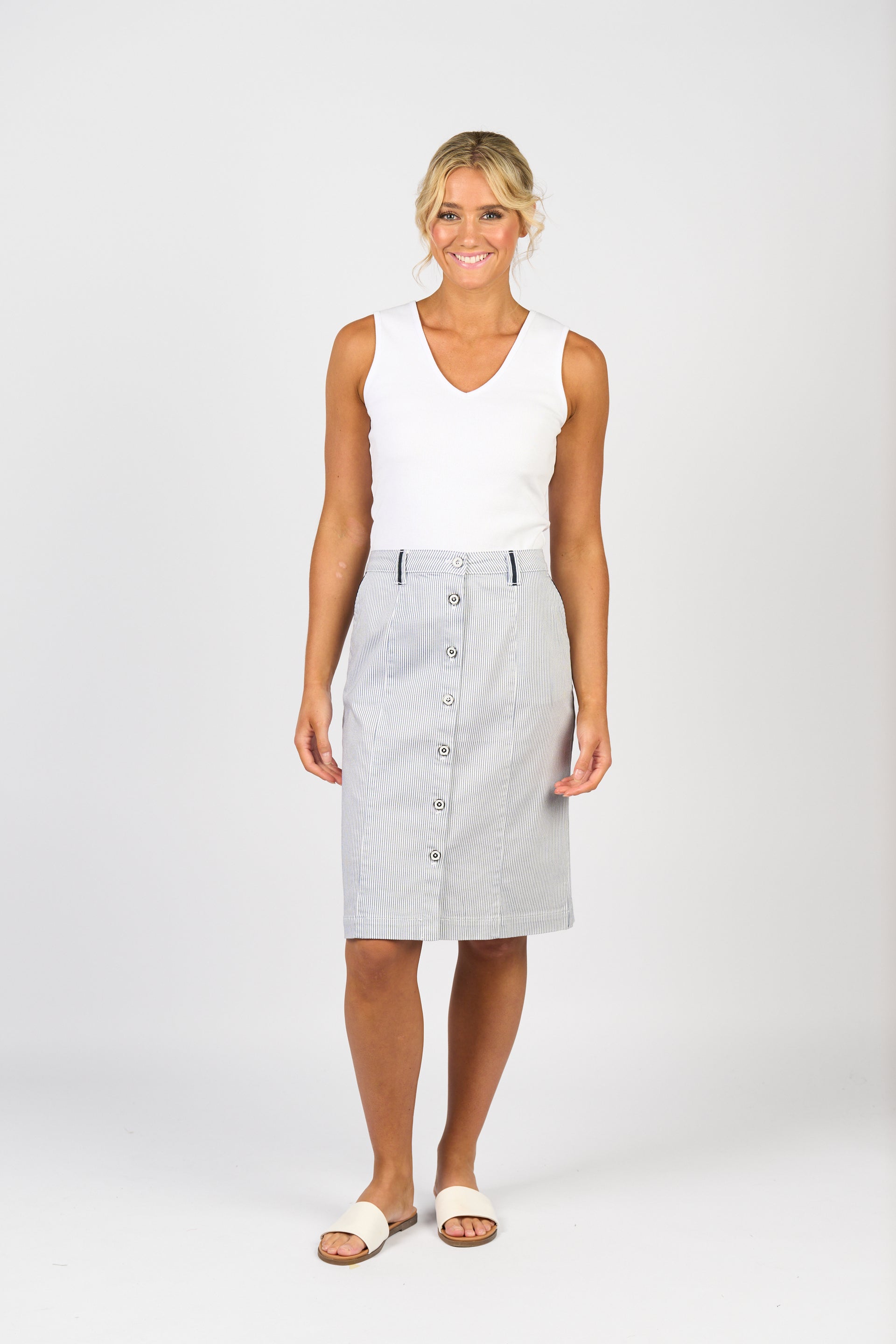7049 Knee Length Skirt - Ink/White Stripe - Vassalli