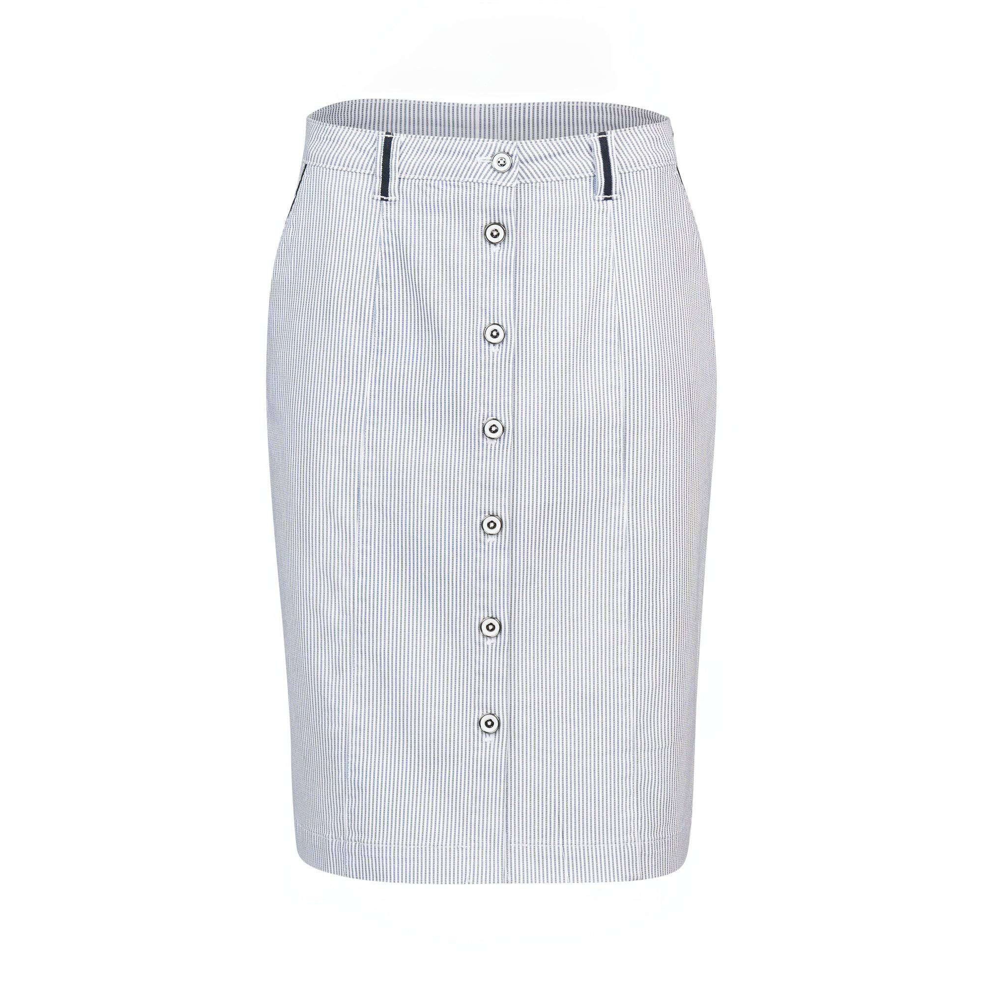 The Orion Skirt - Ink/White Stripe by Vassalli is a knee-length, tailored pencil skirt with vertical stripes, front button closure, and belt loops. Made from a cotton-elastane blend for a classic, professional look.