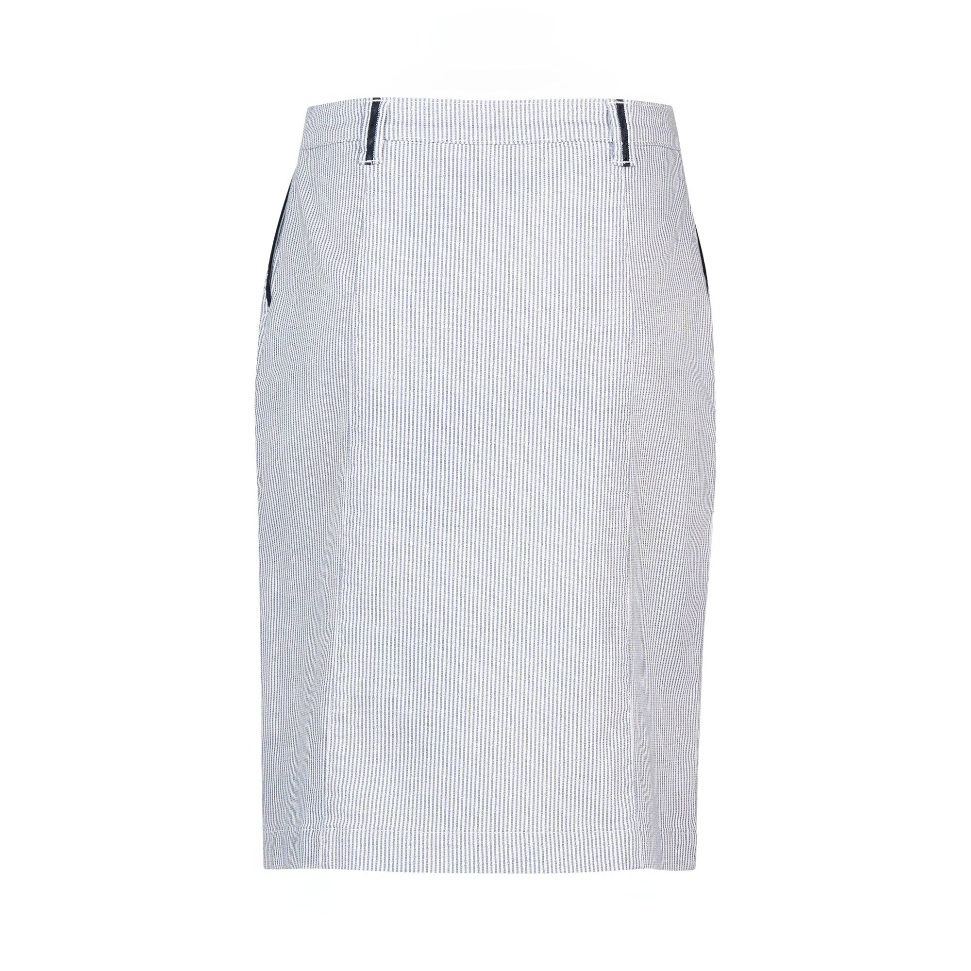 The Vassalli Orion Skirt in Ink/White Stripe is a knee-length, cotton-elastane pencil skirt with belt loops, shown on a plain white background.