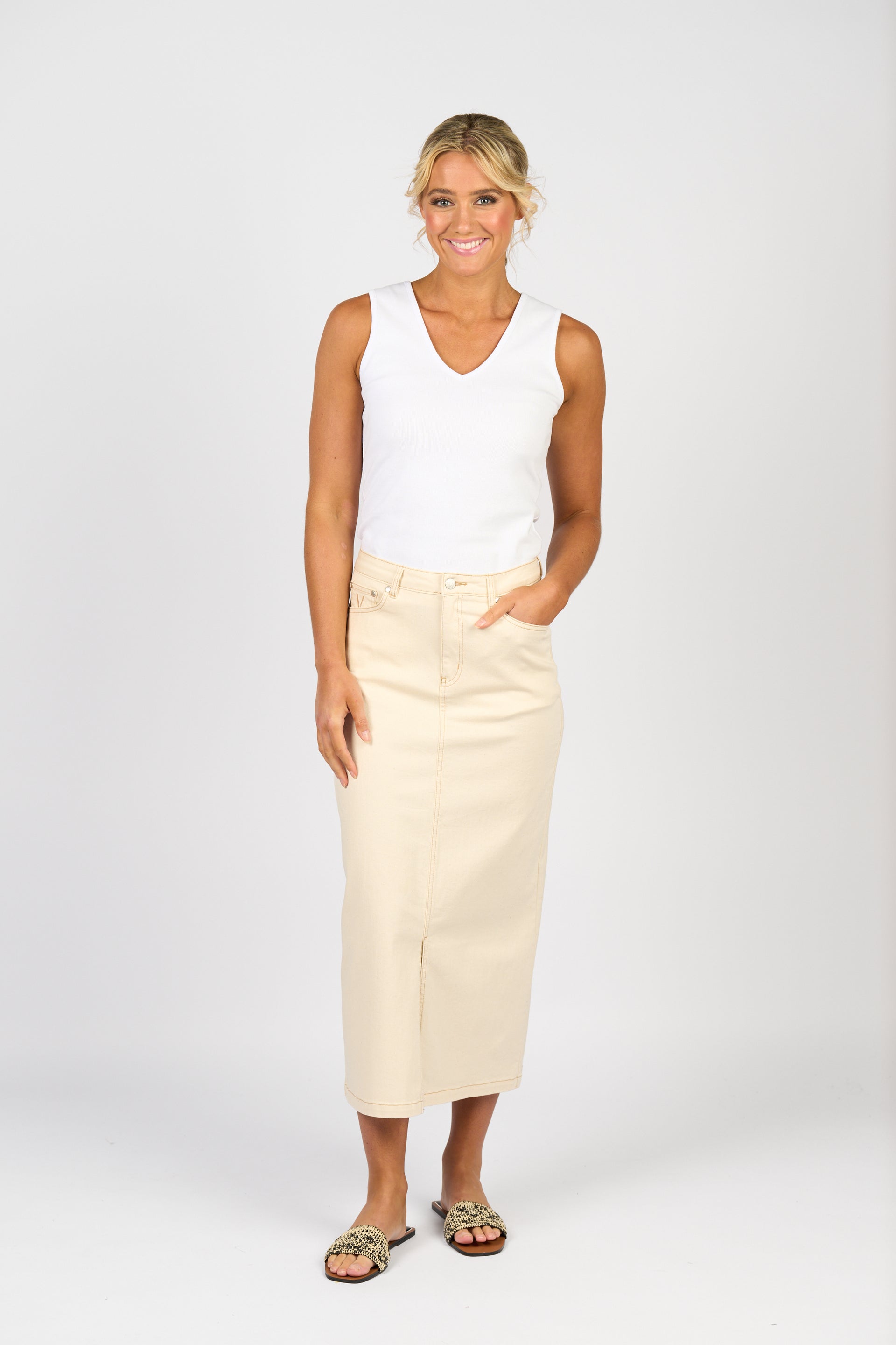 7056 Mid Length Skirt - Bone - Vassalli