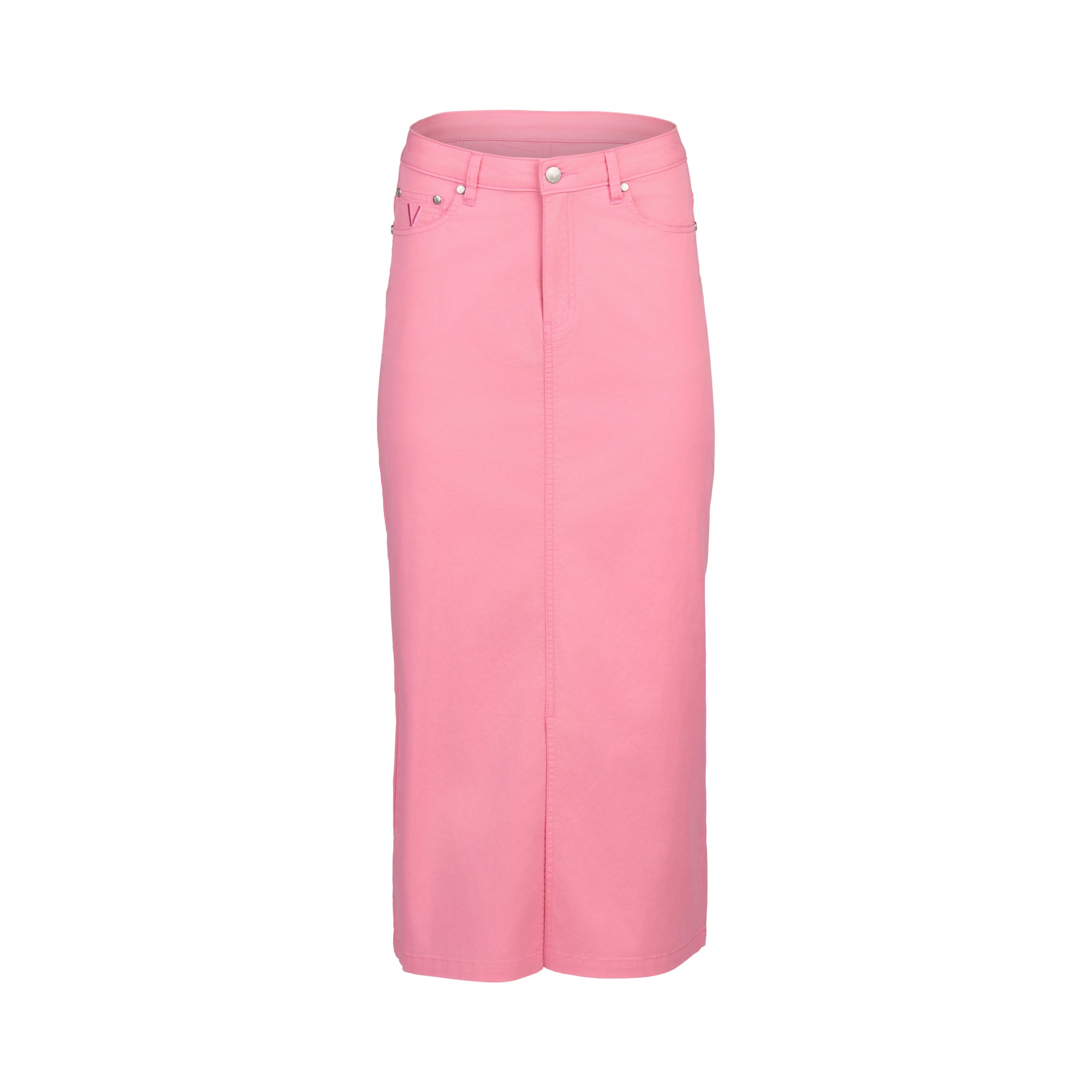 The Vassalli Mid Length Skirt - Jam is a high-waisted pink stretch denim midi skirt featuring front pockets, belt loops, and a stylish front slit, displayed on a white background.