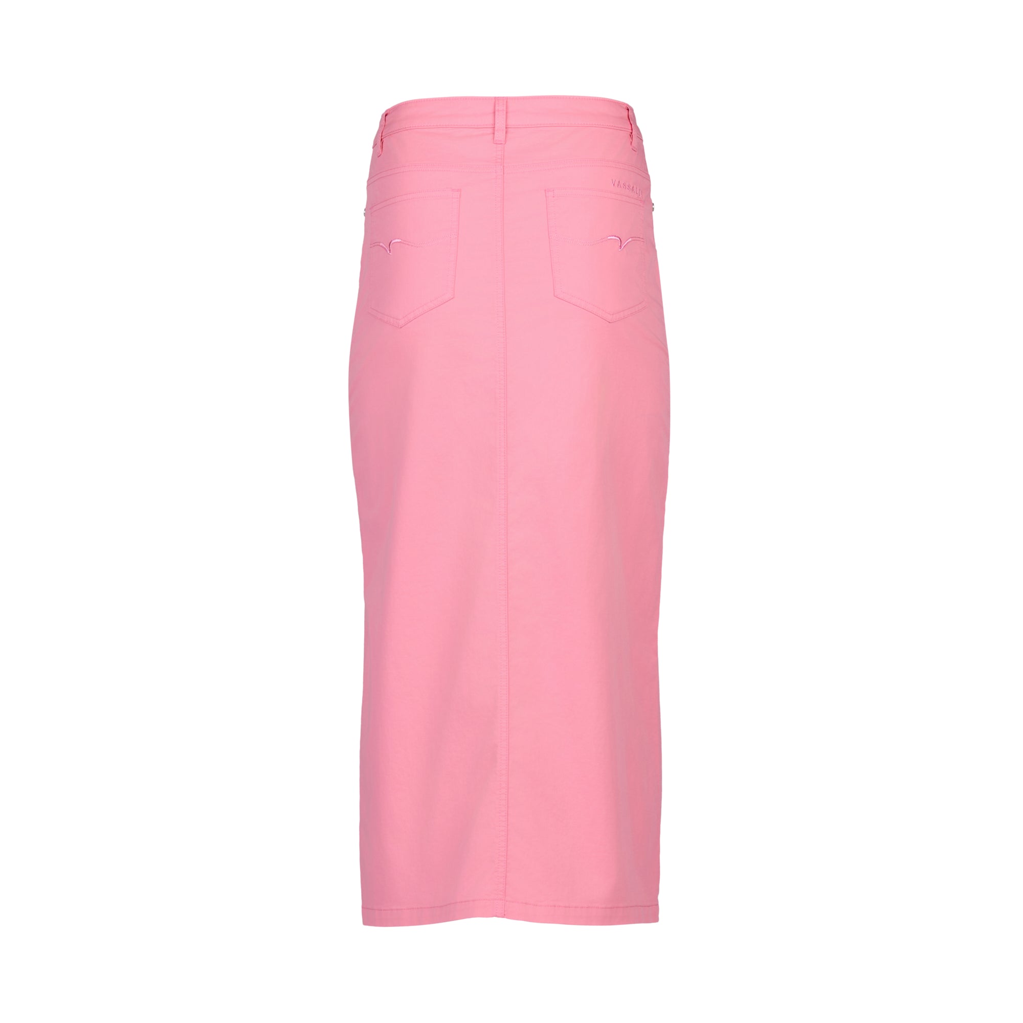 Back view of the Vassalli Mid Length Skirt - Jam: a pink, high-waisted, midi skirt with two back pockets and visible stitching, shown on a white background.