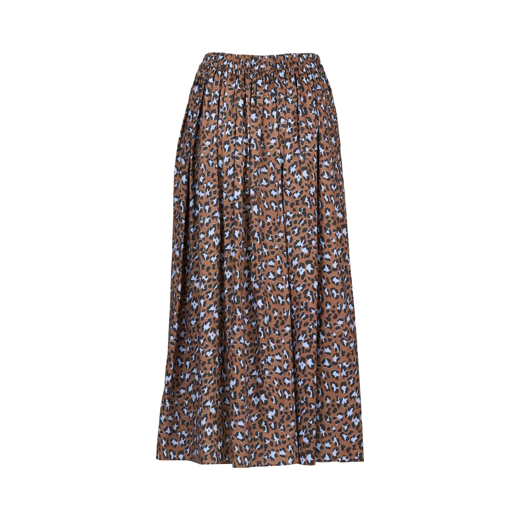 The Vassalli Maxi Skirt – Nala is a brown, ankle-length cotton skirt featuring a gathered elastic waistband and an all-over blue and black abstract leopard print.