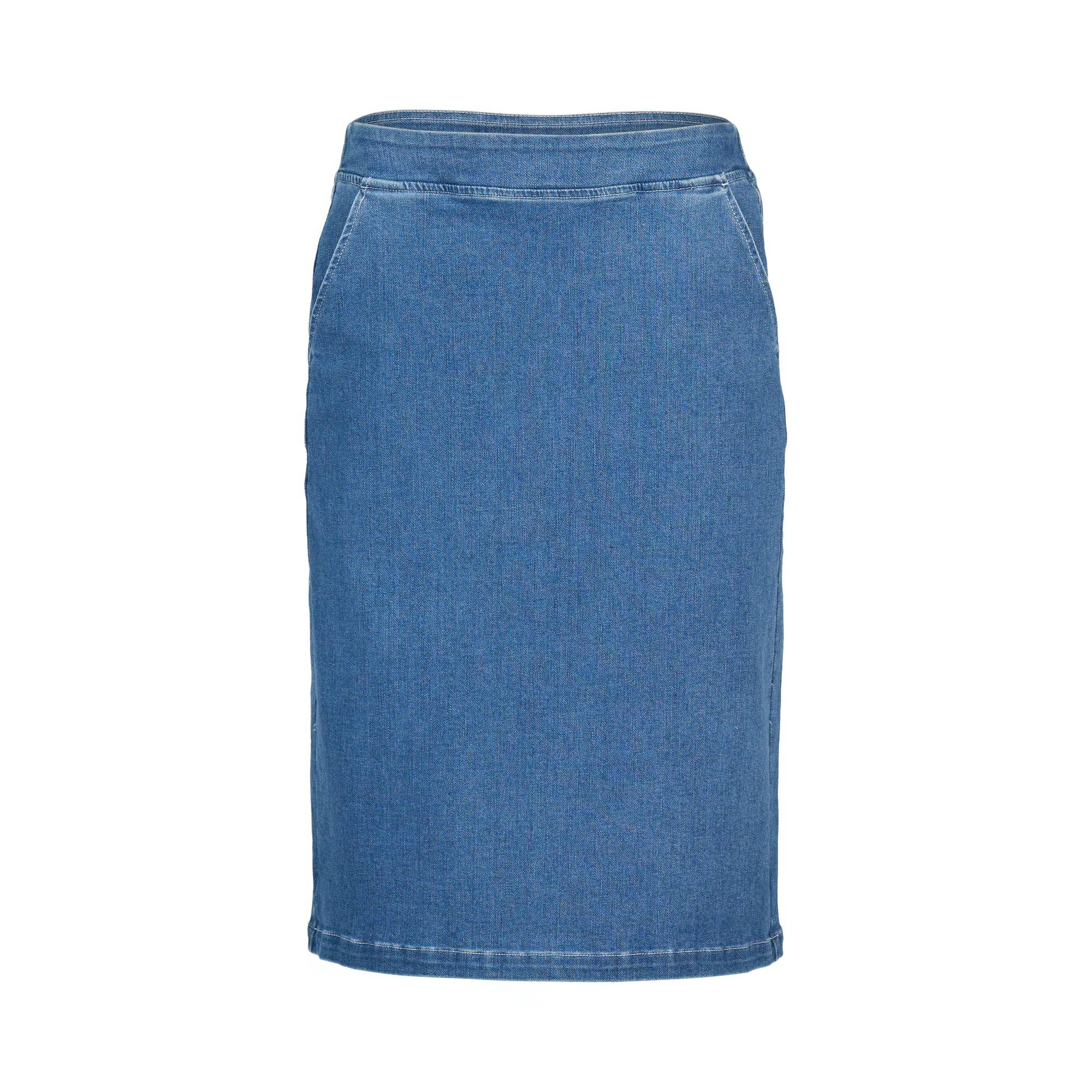 The Vassalli Terra Skirt in Blue Hue Denim is a straight, knee-length style crafted from stretch denim with a fitted waist and side pockets, shown against a plain white background.