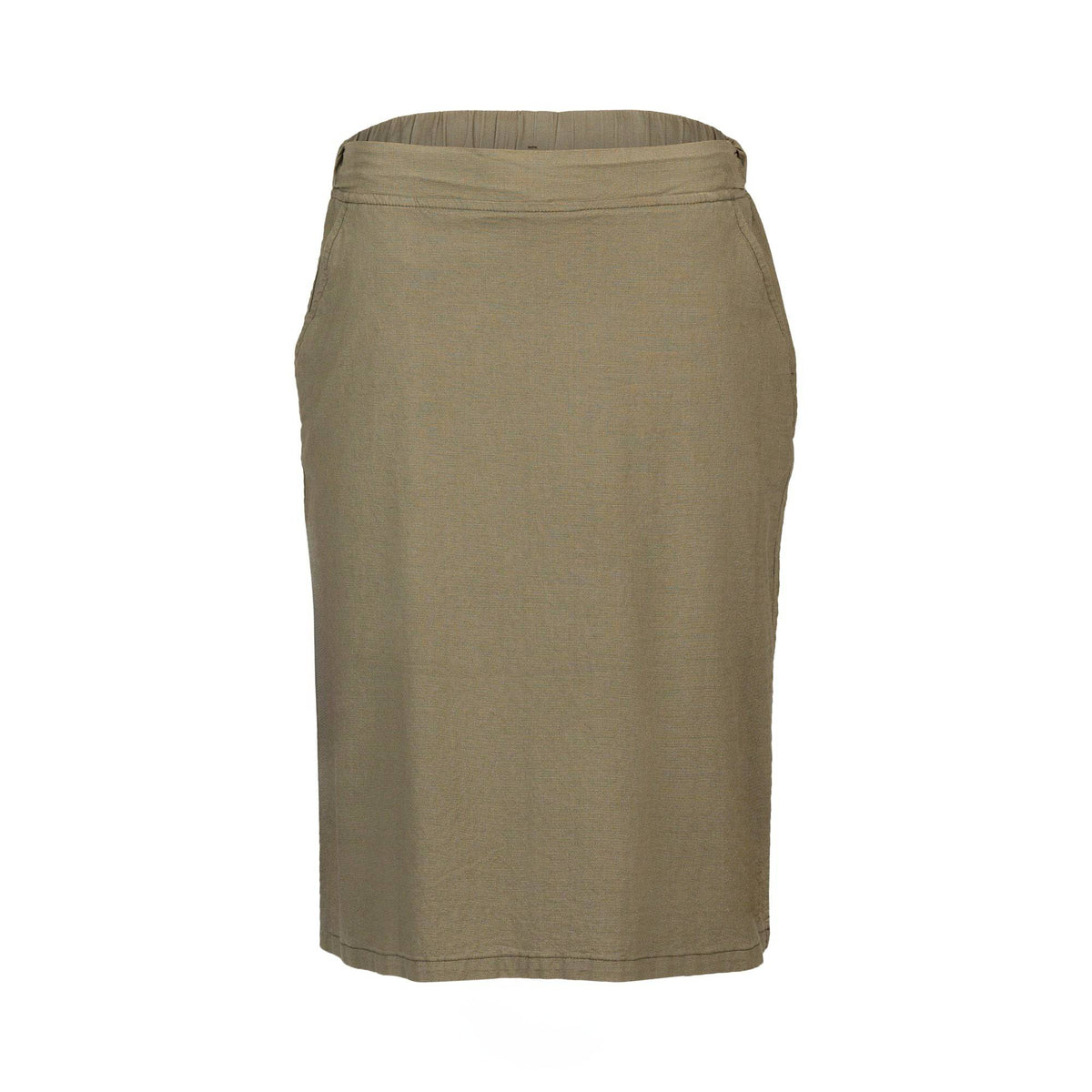 The Vassalli Belen Skirt - Army is a knee-length, high-waisted, straight-cut olive green pull-on skirt crafted from lightweight fabric and shown on a plain white background.