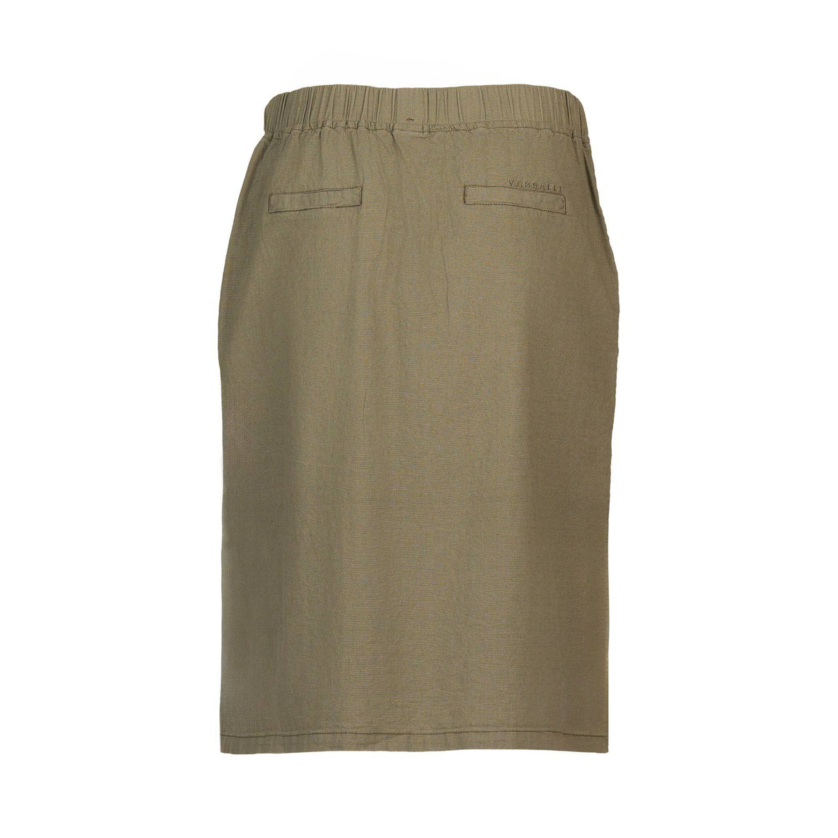 The Vassalli Belen Skirt - Army is a knee-length olive green cotton-viscose blend skirt with an elastic waistband and two back welt pockets, shown on a white background.