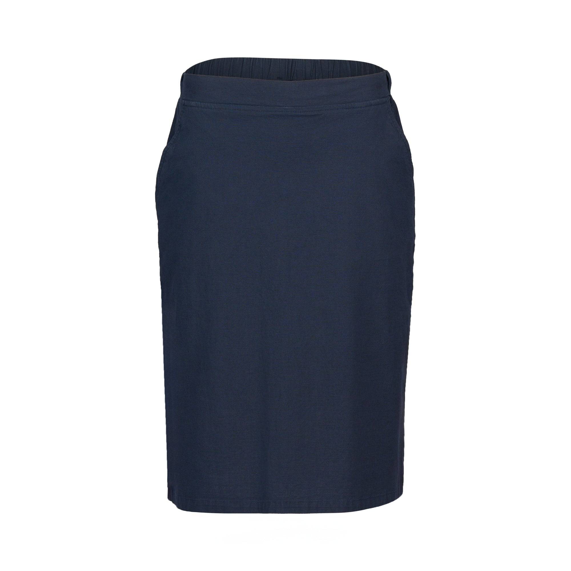 The Vassalli Belen Skirt in Ink is a plain, knee-length pencil skirt featuring a fitted silhouette and an elastic waistband, shown on a white background.
