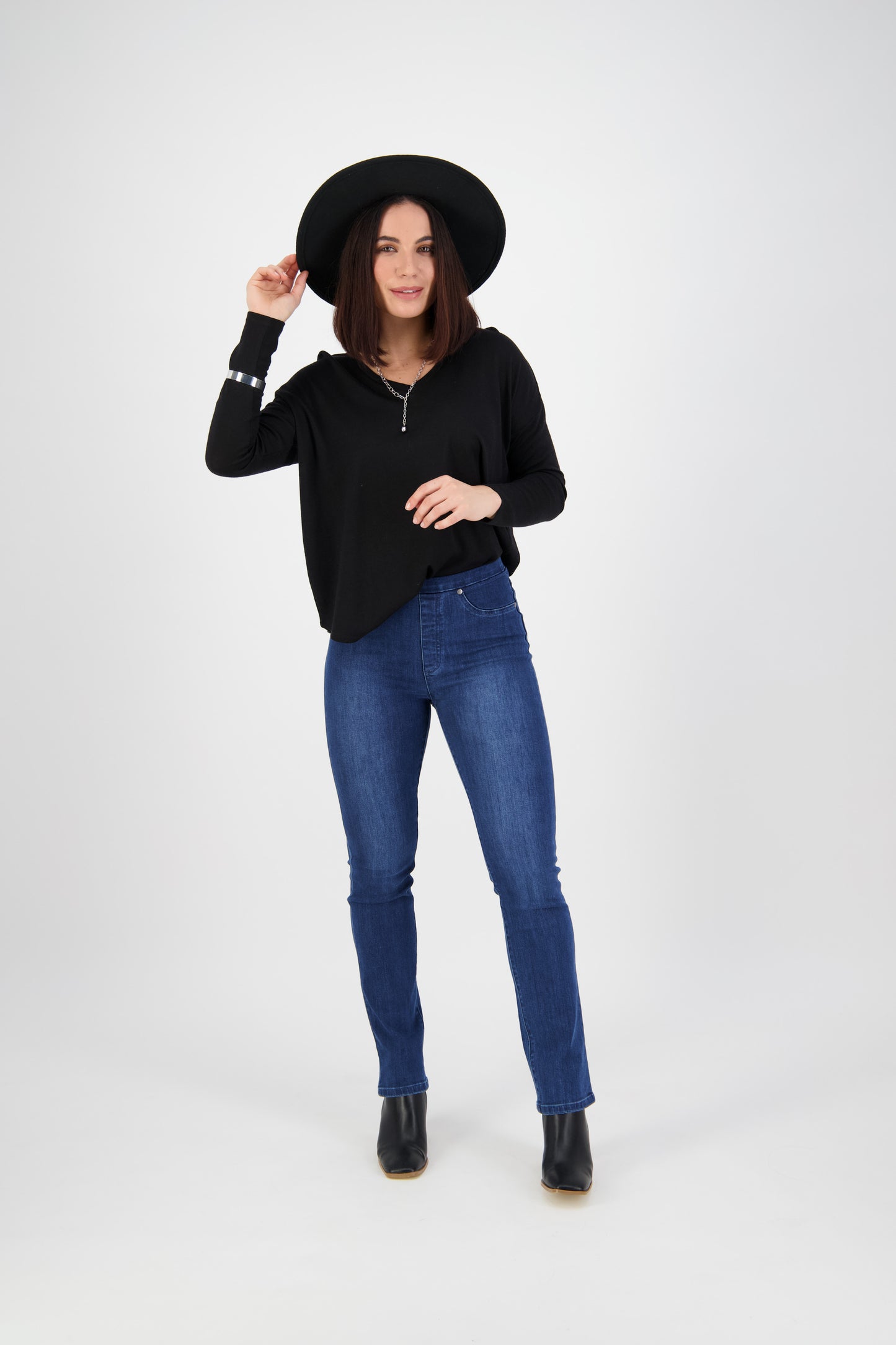 234D Blue Denim - Slim Leg Full Length Denim Pull On - Vassalli