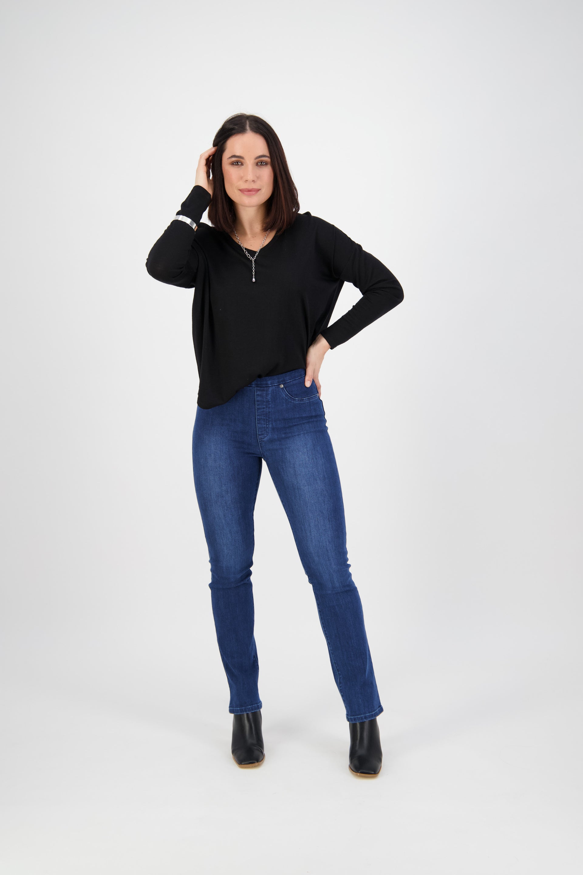 234D Blue Denim - Slim Leg Full Length Denim Pull-On - Vassalli